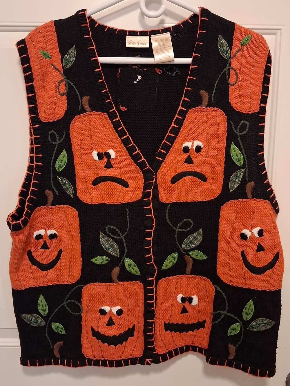 Bobbie Brooks Black Knit V-Neck Sweater Vest with Orange Pumpkin Appliqués